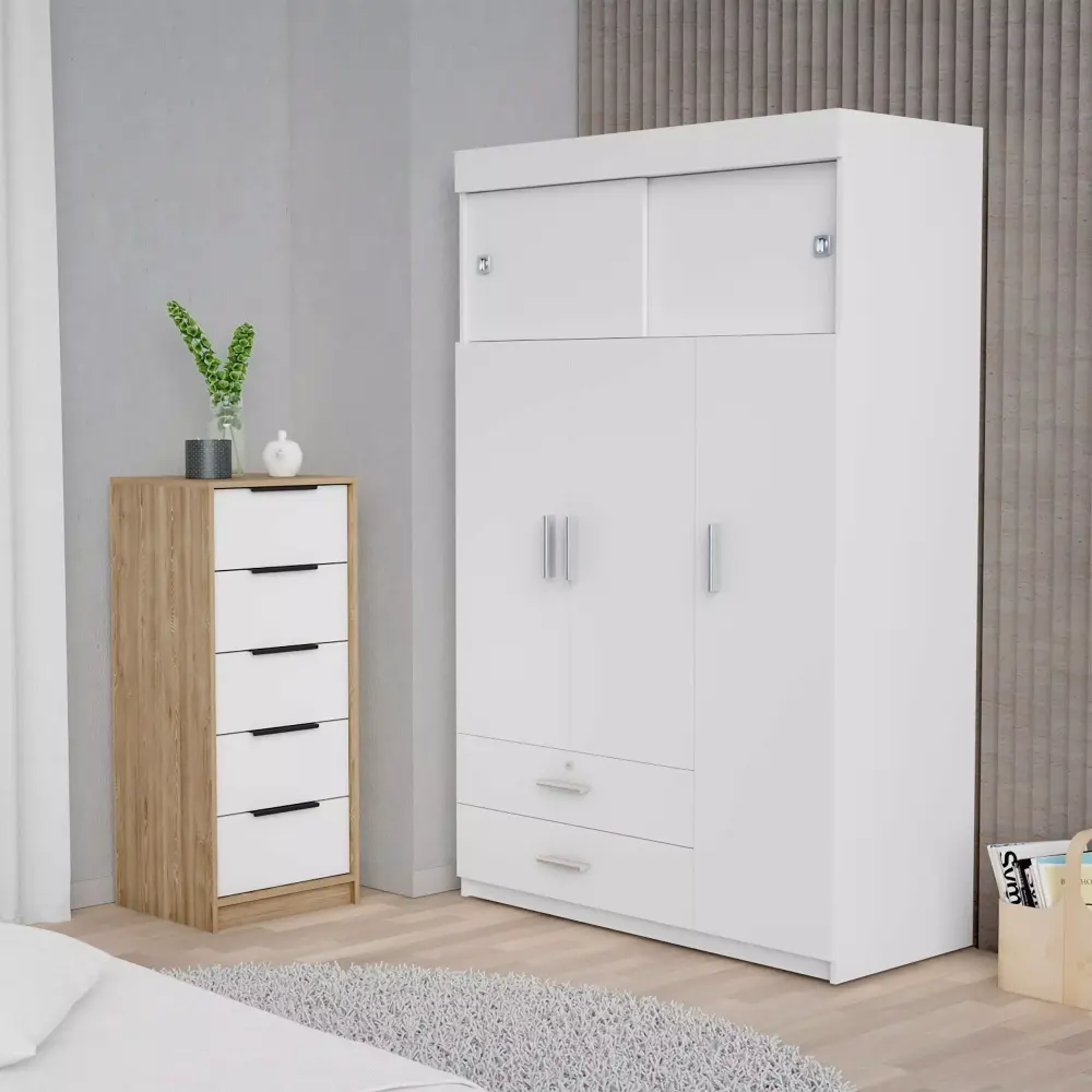 FM Furniture Cozad 2-Piece White and Light Oak Bedroom Set with Armoire and Dresser