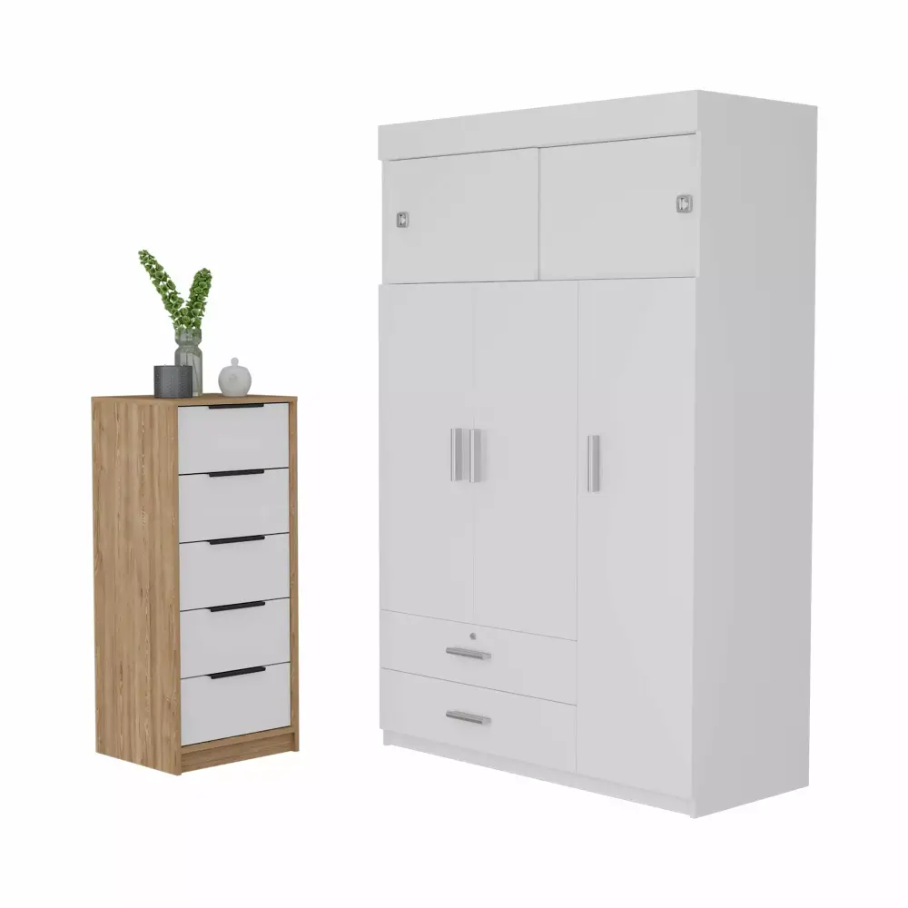 FM Furniture Cozad 2-Piece White and Light Oak Bedroom Set with Armoire and Dresser