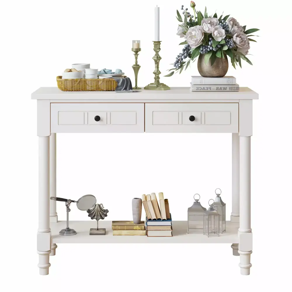 Tcbosik Cream White 2-Tier Console Table with 2 Drawers for Entryway and Living Room