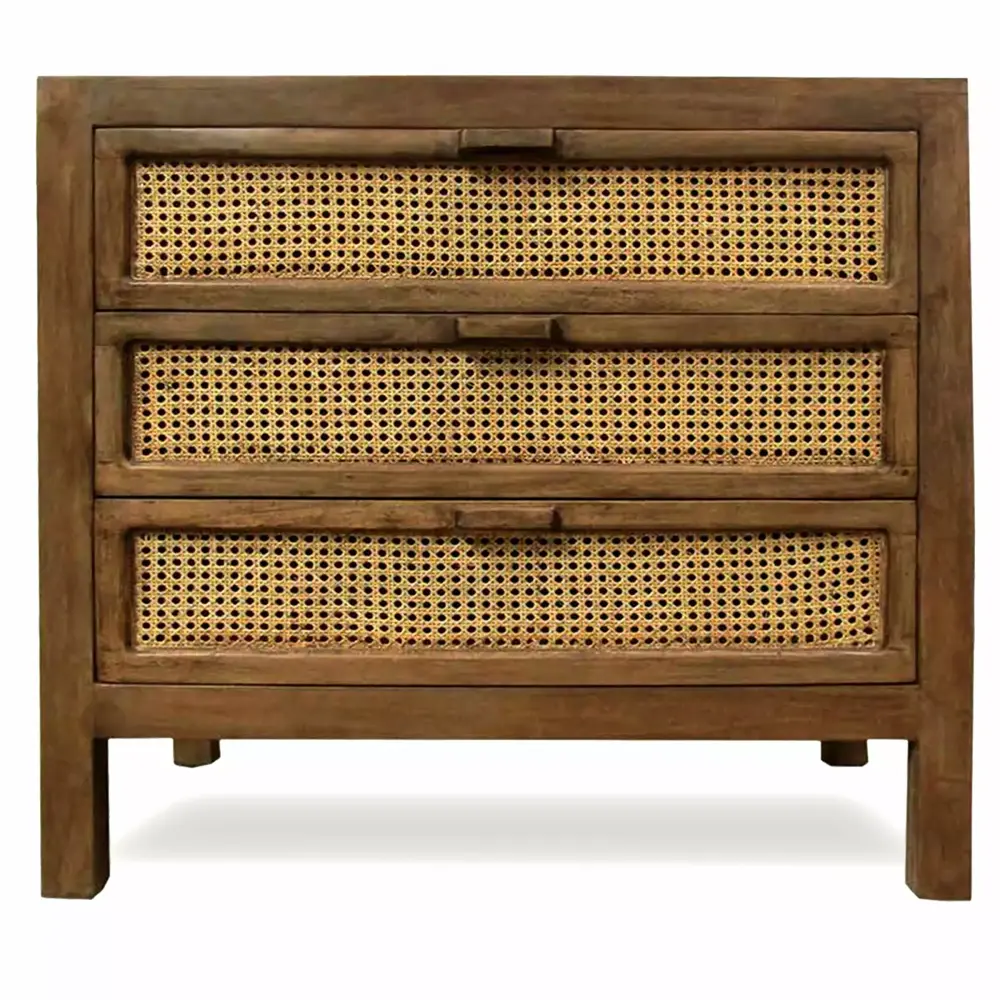 Easton Three-Drawer Chest - Mango Wood with Woven Cane Panels - Boho Chic Storage
