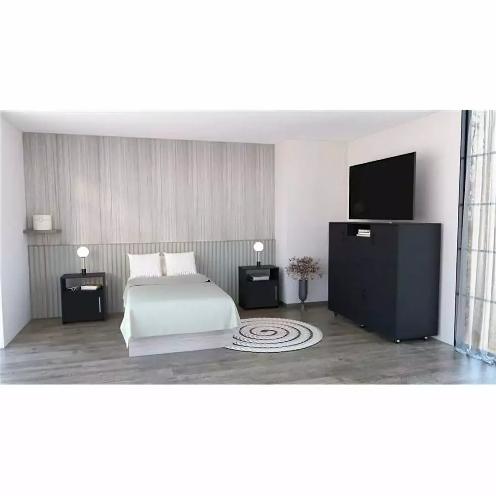 Newport 3-Piece Black Bedroom Set - Queen Size Bed with Nightstands
