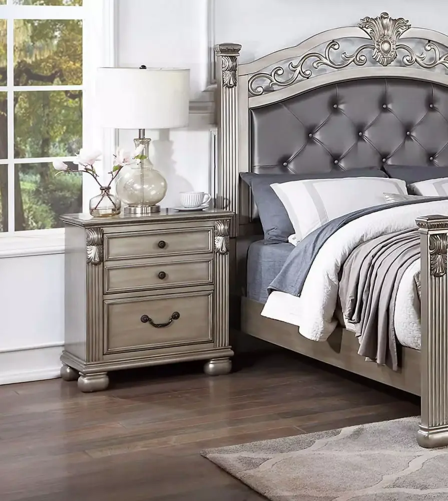 Queen Size Antique Formal Fabric Tufted Bed with 2 Nightstands 3pc Set Grey Finish