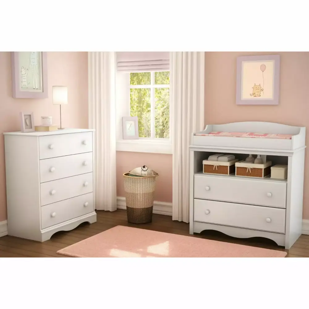 White 4 Drawer Bedroom Chest with Wooden Knobs Classic Dresser