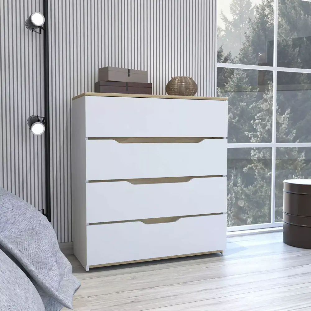 Lynbrook 4-Drawer Dresser White and Light Oak - Bedroom Storage Furniture
