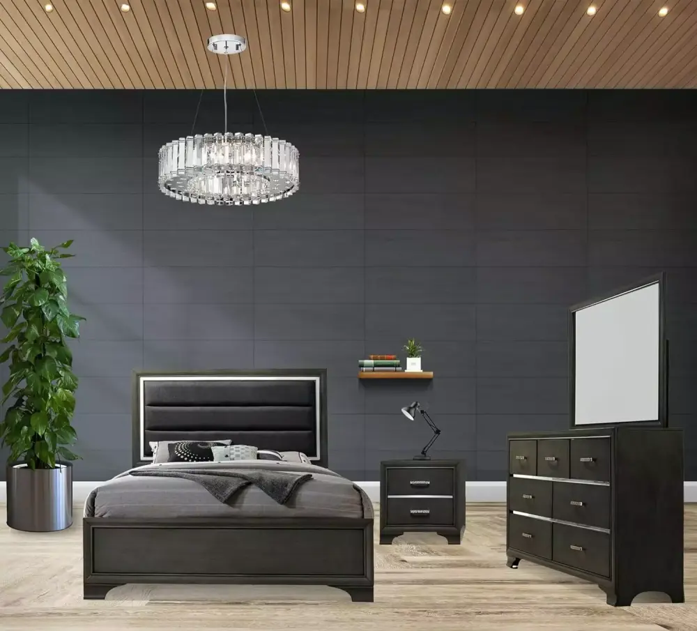Kings Brand 4-Piece Gray Wood Queen Bedroom Set with Faux Leather Headboard