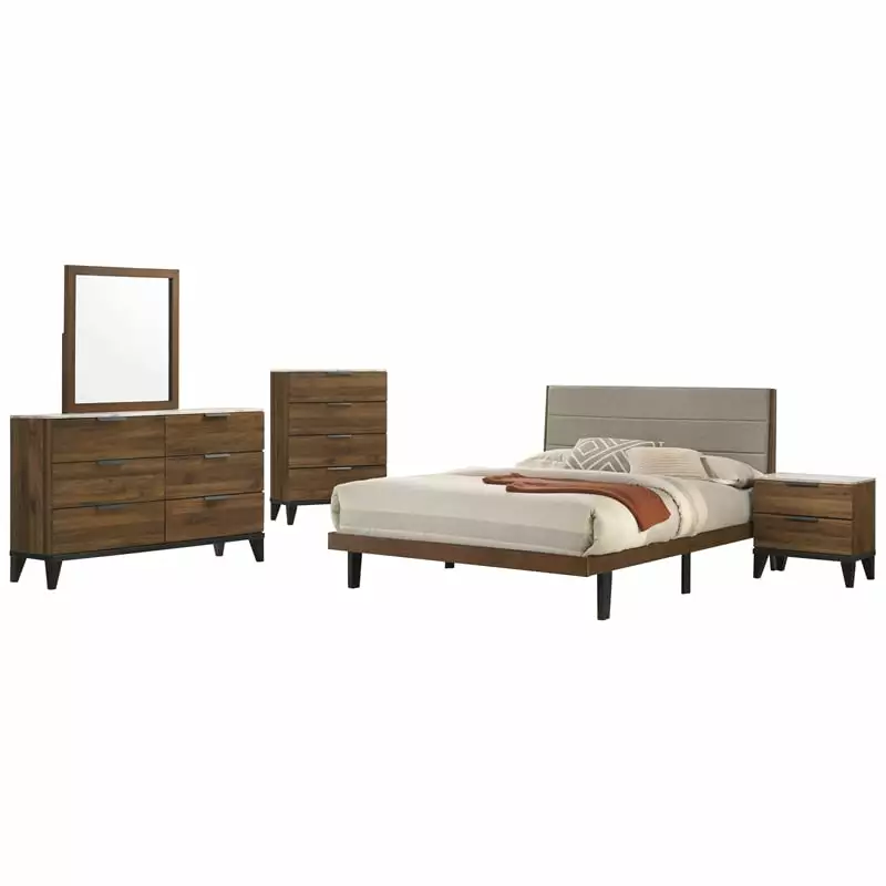 Mays 5-Piece Upholstered Eastern King Bedroom Set in Walnut Brown and Grey