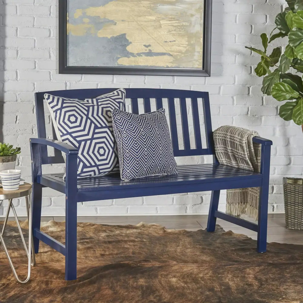 Noble House Carrie Acacia Wood Bench in Navy Blue for Outdoor or Indoor Use