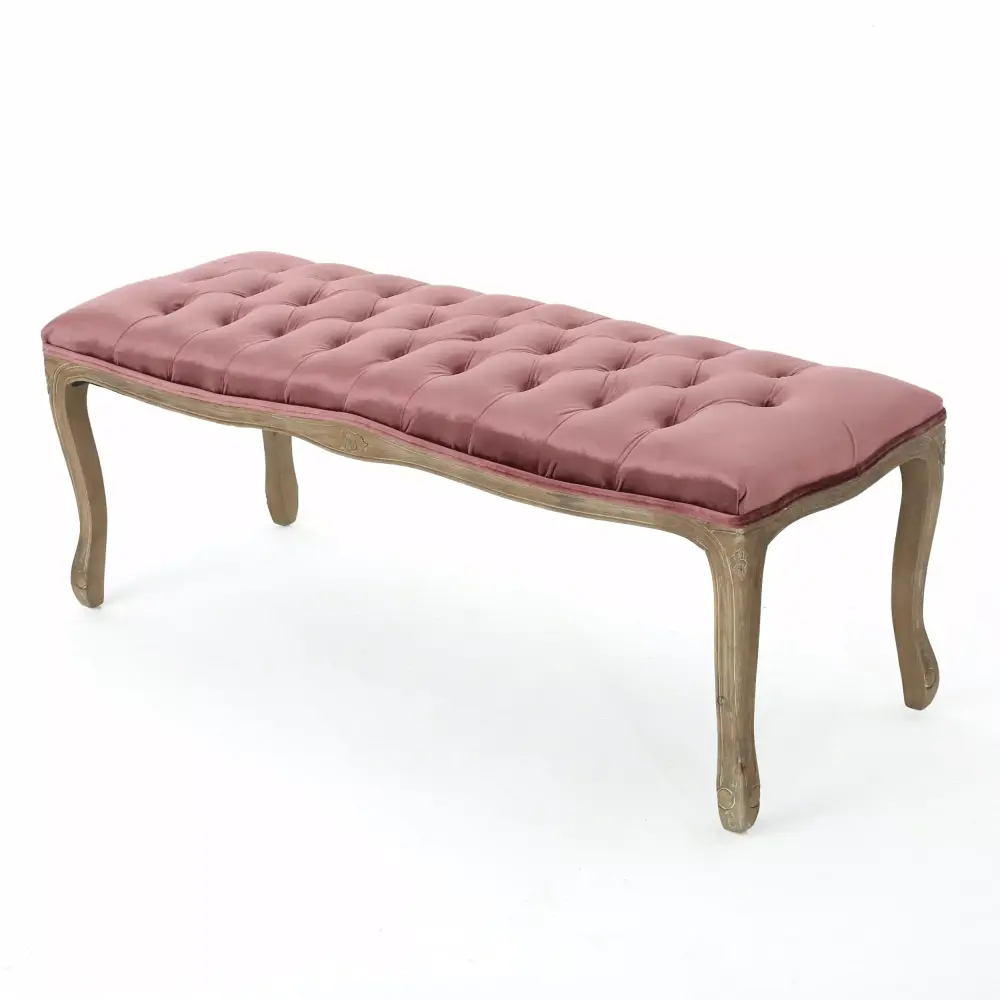 Talia Traditional Button Tufted Velvet Bench in Natural and Blush