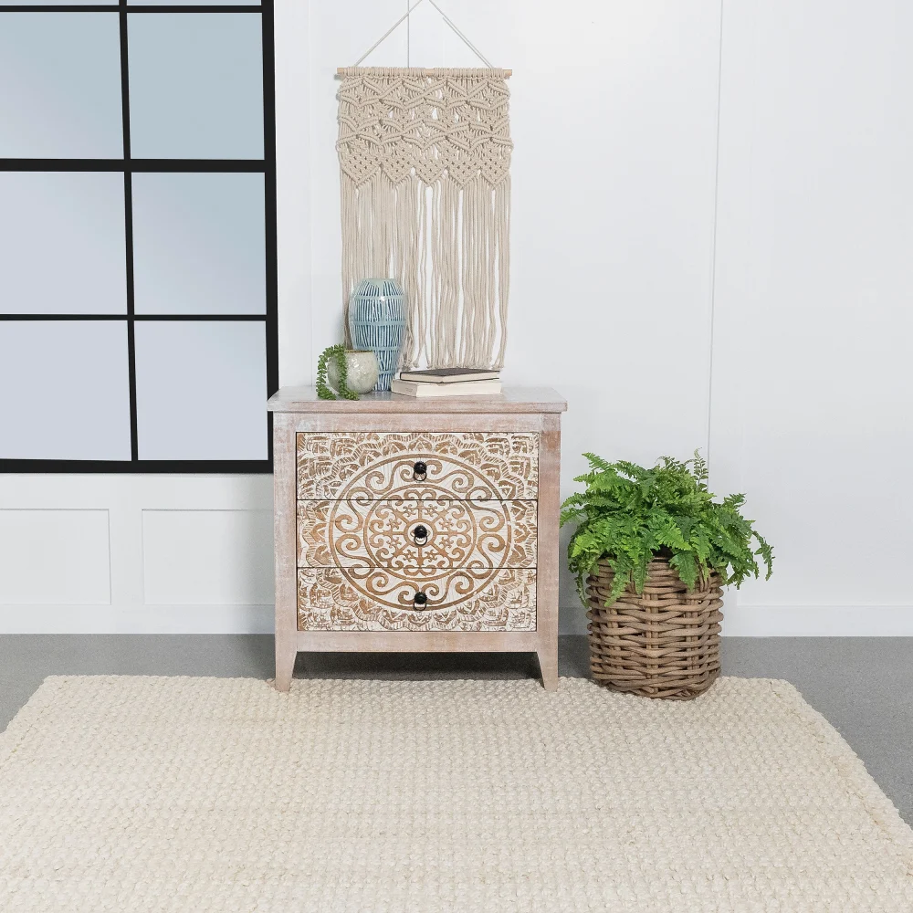 Mariska 3-Drawer White Distressed Wooden Accent Cabinet