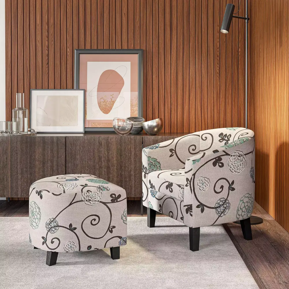 BELLEZE Floral Beige Accent Club Chair with Ottoman Lydia