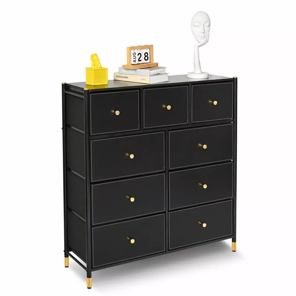 Bigroof Black 9-Drawer Dresser with Artificial Leather for Living Room