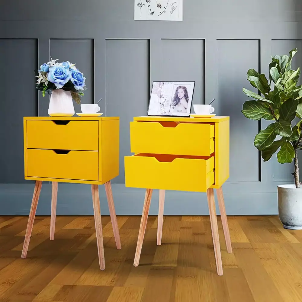 2 Pieces Nightstand with 2 Drawers - Yellow Wooden Bedroom Accent Side Table with Storage