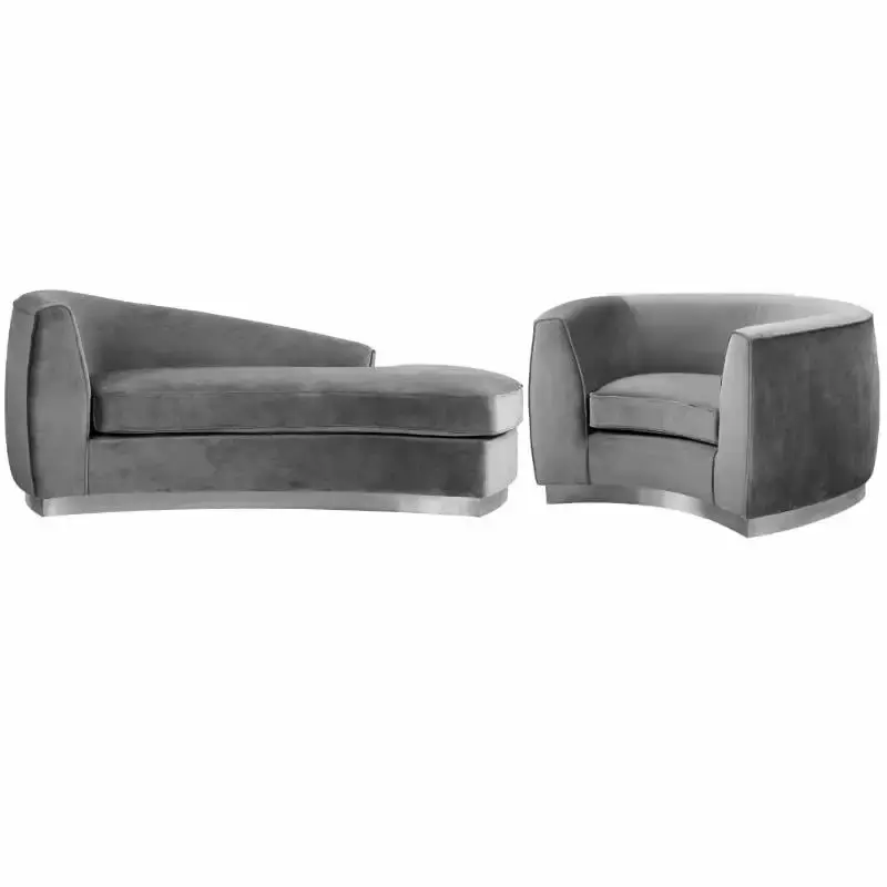 Home Square 2-Piece Set Velvet Accent Chair and Chaise Gray Chrome Modern
