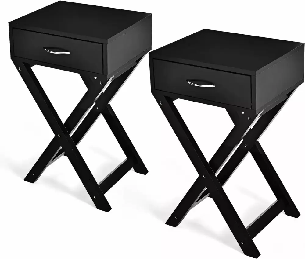 X-Shaped Nightstand with Drawer Sofa Side Table Black