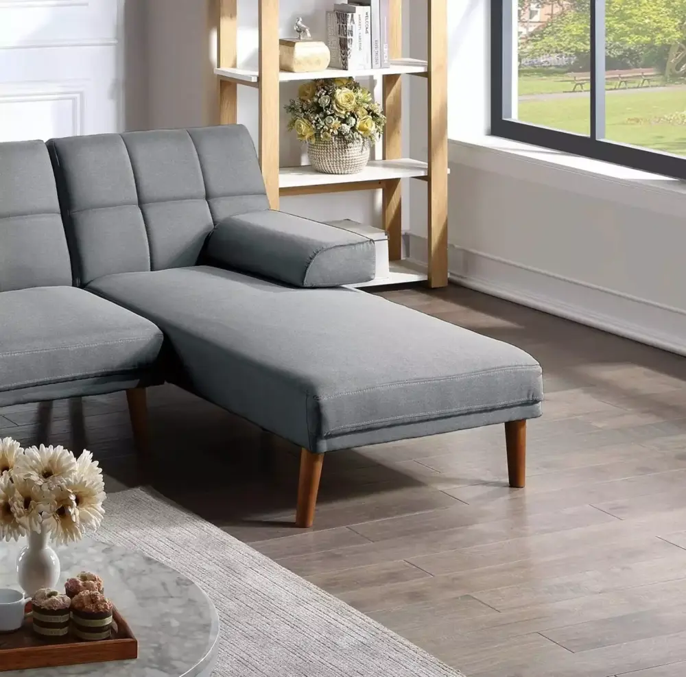 Blue Grey Polyfiber Adjustable Chaise Bed with Solid Wood Legs and Tufted Comfort for Living Room