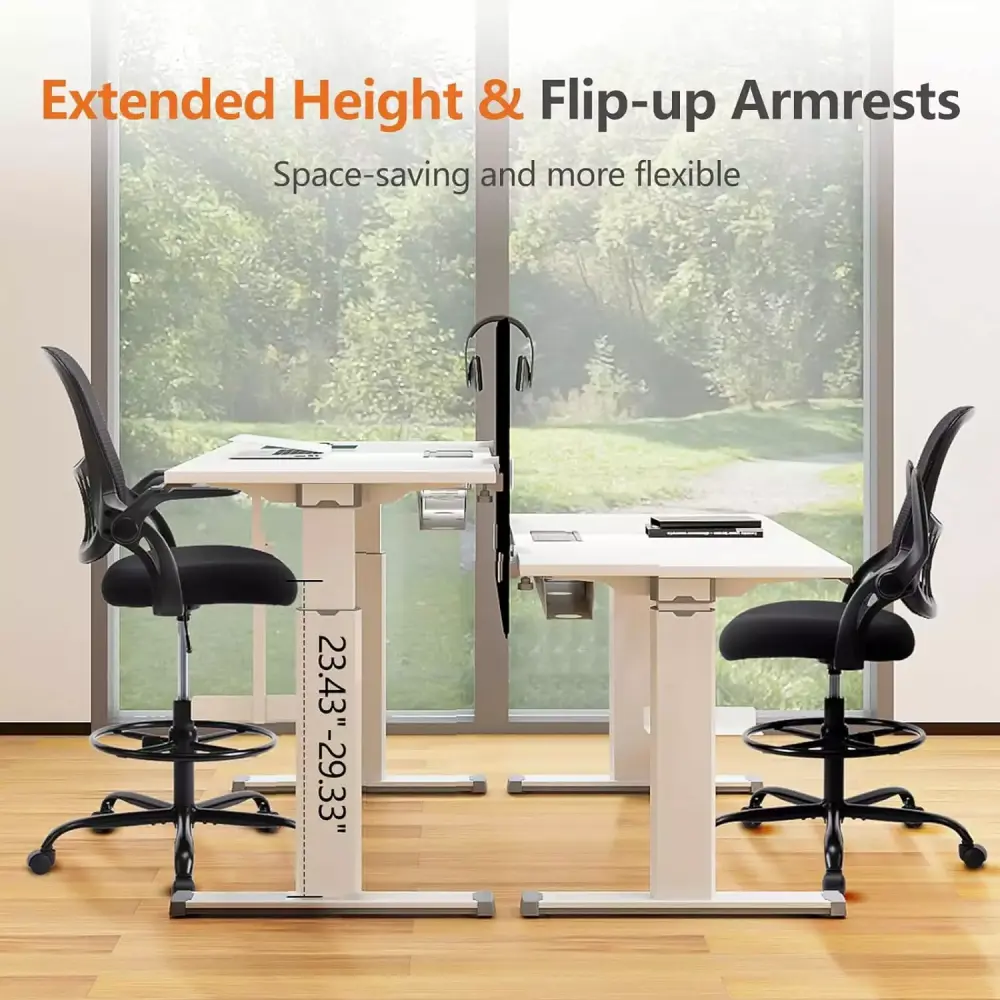 KPUY Black High Ergonomic Computer Desk Chair Counter Height Stool with Flip-Up Arms Adjustable Foot-Ring