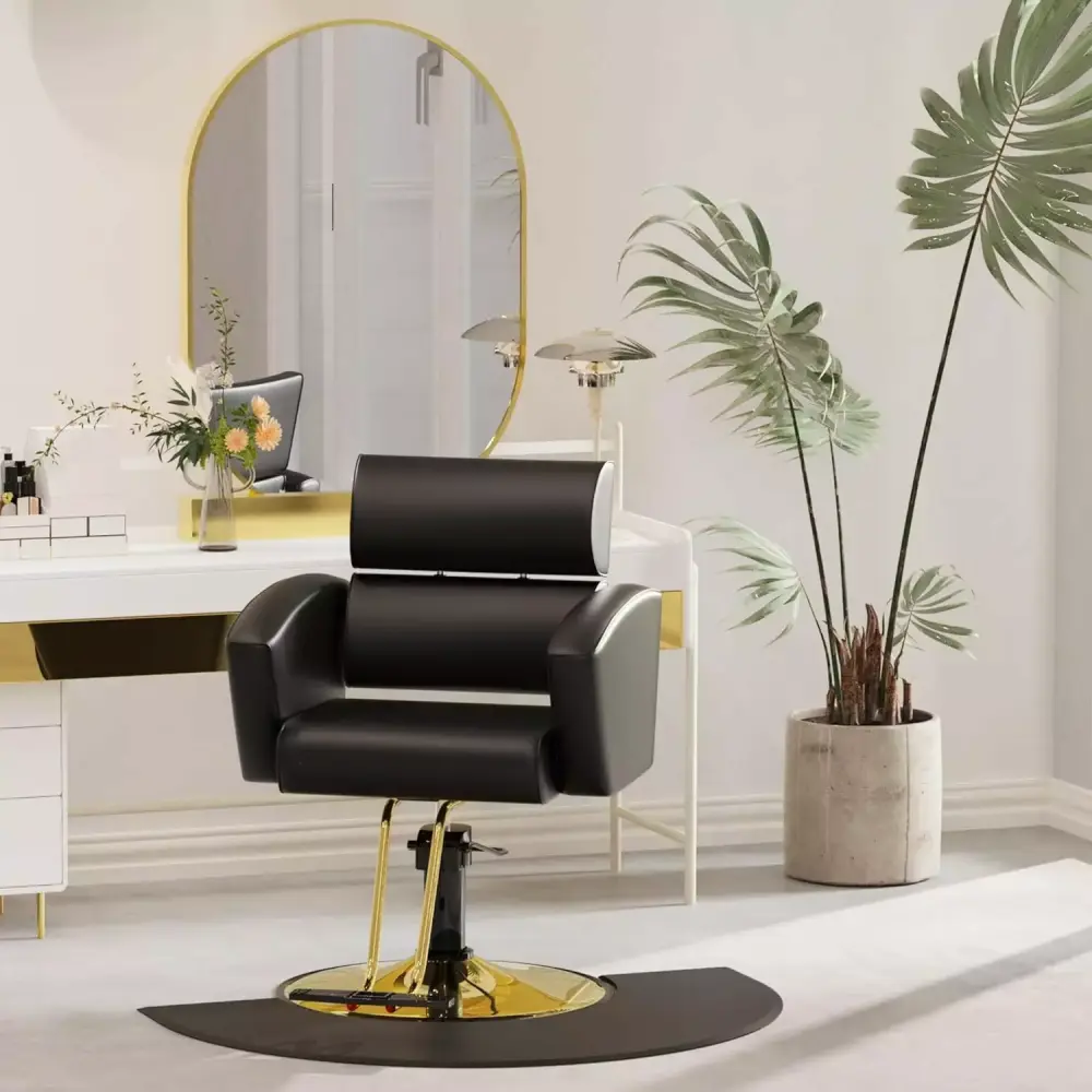 Baasha Luxury Gold Salon Chair with Adjustable Height and Black Stain-Resistant Leather Upholstery