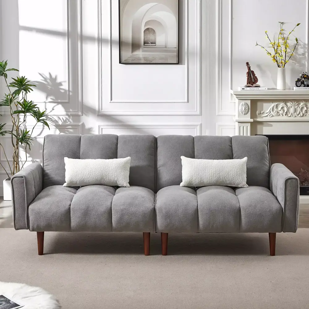 Grey Convertible Futon Sofa Bed Modern Linen Upholstered Adjustable Couch with Wooden Legs