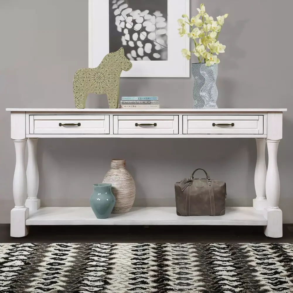 Antique White 63-inch Pine Wood Console Table 3 Drawers Bottom Shelf Distressed Finish