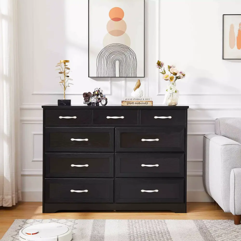 9 Drawer Long Dresser with Antique Handles - Wood Chest of Drawers for Kids Room, Living Room, Entryway - Black 47.2" W