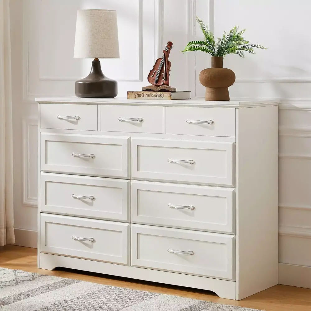 OGAOL Bedroom Dresser 9 Drawer Long Dresser with Antique Handles Wood Chest of Drawers White