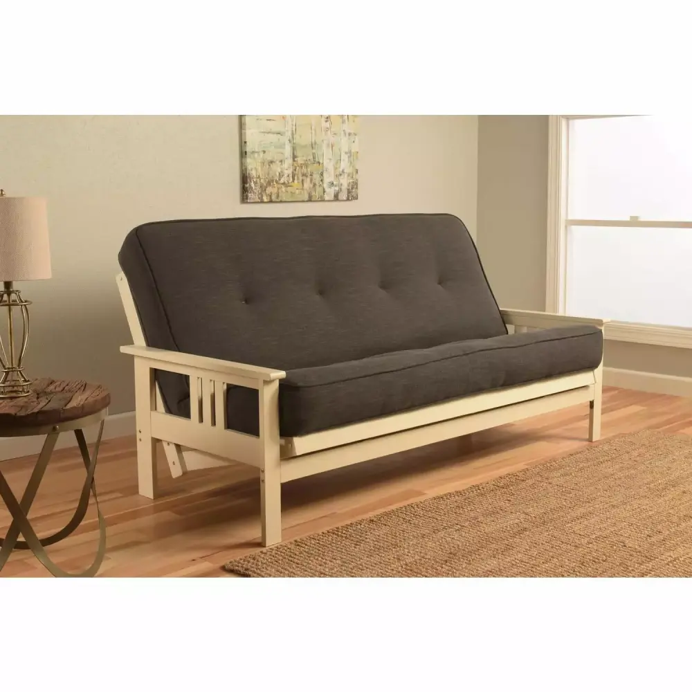 Homestock Antique Appeal Futon Frame with Antique White Finish and Linen Charcoal Mattress