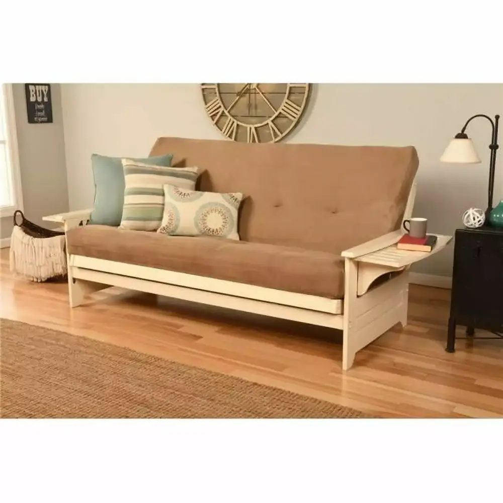 Phoenix Antique White Futon Frame with Suede Peat Mattress Full Size