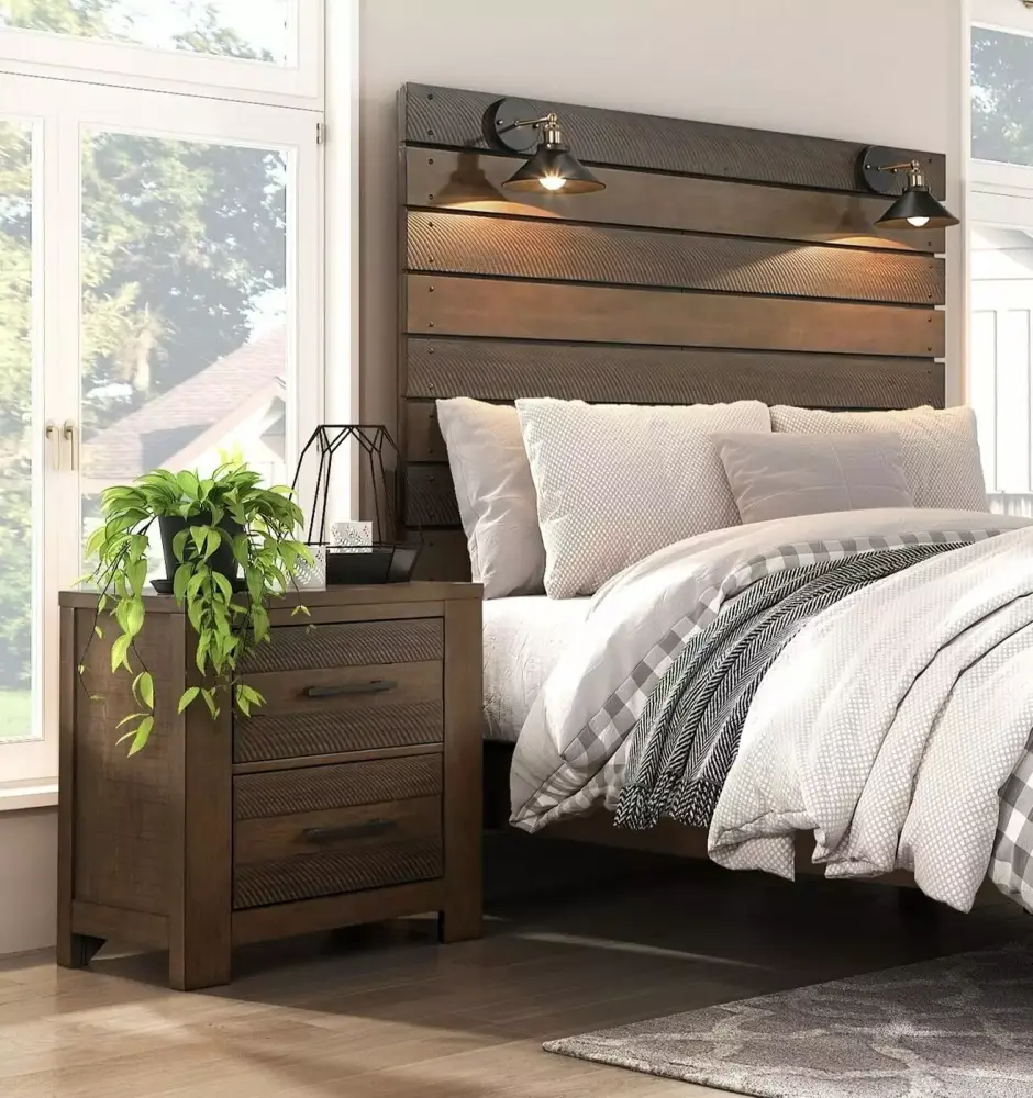 Contemporary Antique Brown Finish 5pc King Bedroom Set with Lampshades and Mirror