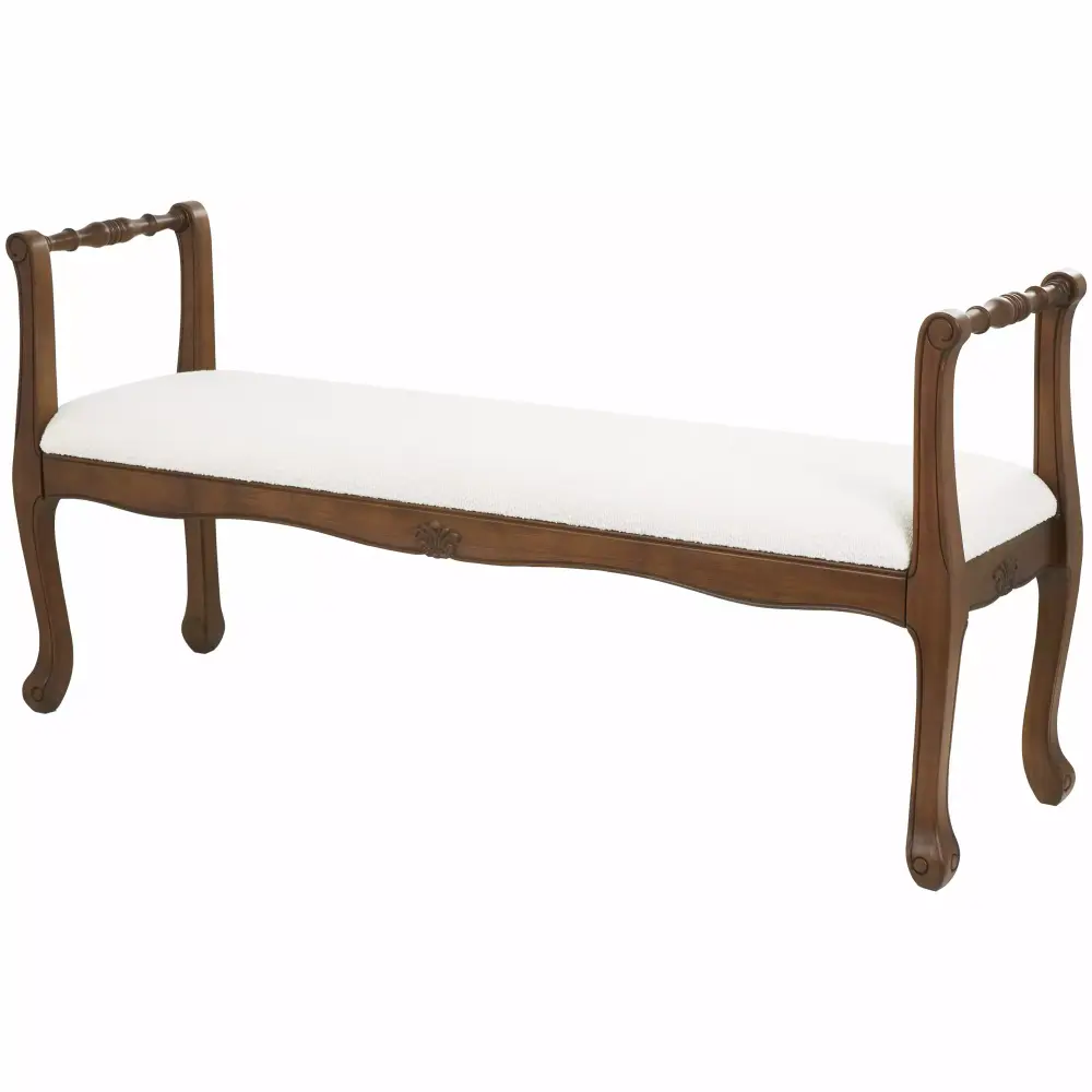 DecMode Fabric Arm Bench with Brown Traditional Wood Turned Legs Cream Upholstered Bench