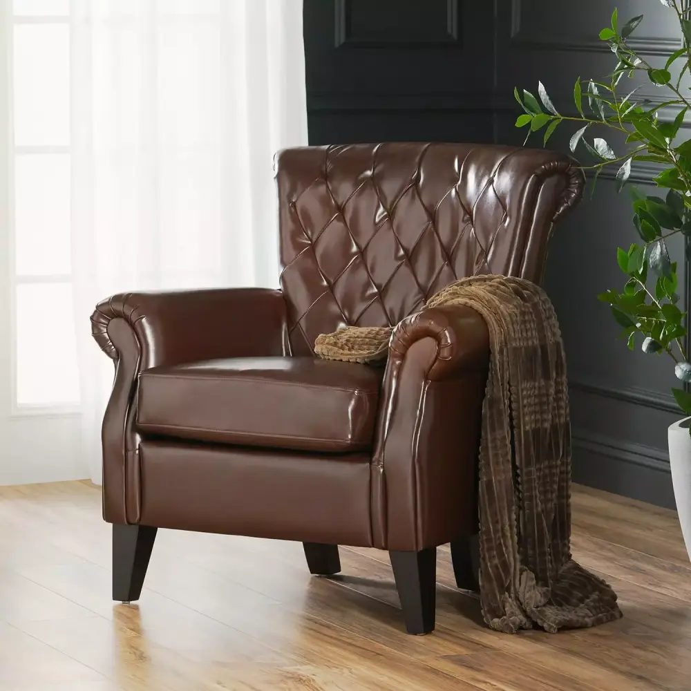 Kadyn Brown Tufted Bonded Leather Mid-Century Modern Living Room Armchair