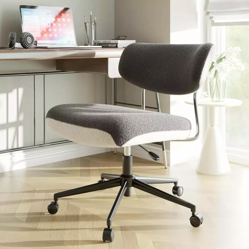 360 Swivel Armless Office Chair with Ergonomic Backrest Corduroy Upholstered Seat Gray & White
