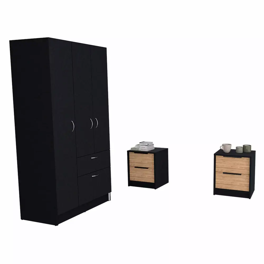 Appleton 3-Piece Bedroom Set with Armoire and 2 Nightstands in Black White Pine