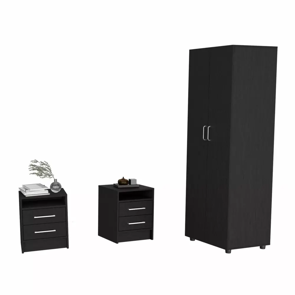 DeeHome 3 Piece Black London Armoire and Leyva Nightstands Set
