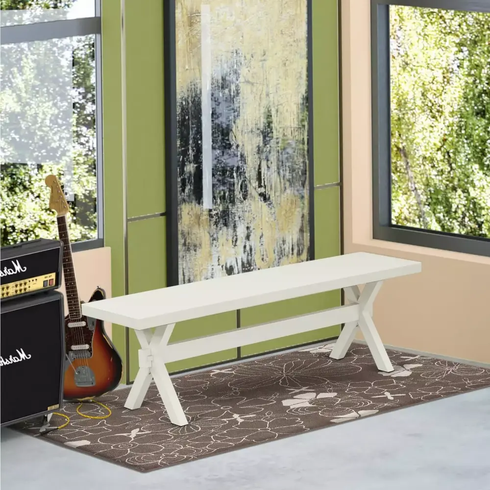 HomeStock Art Deco Dreams X-Style 15X60 In Dining Bench With Wirebrushed Linen White Leg And Linen White Top Finish