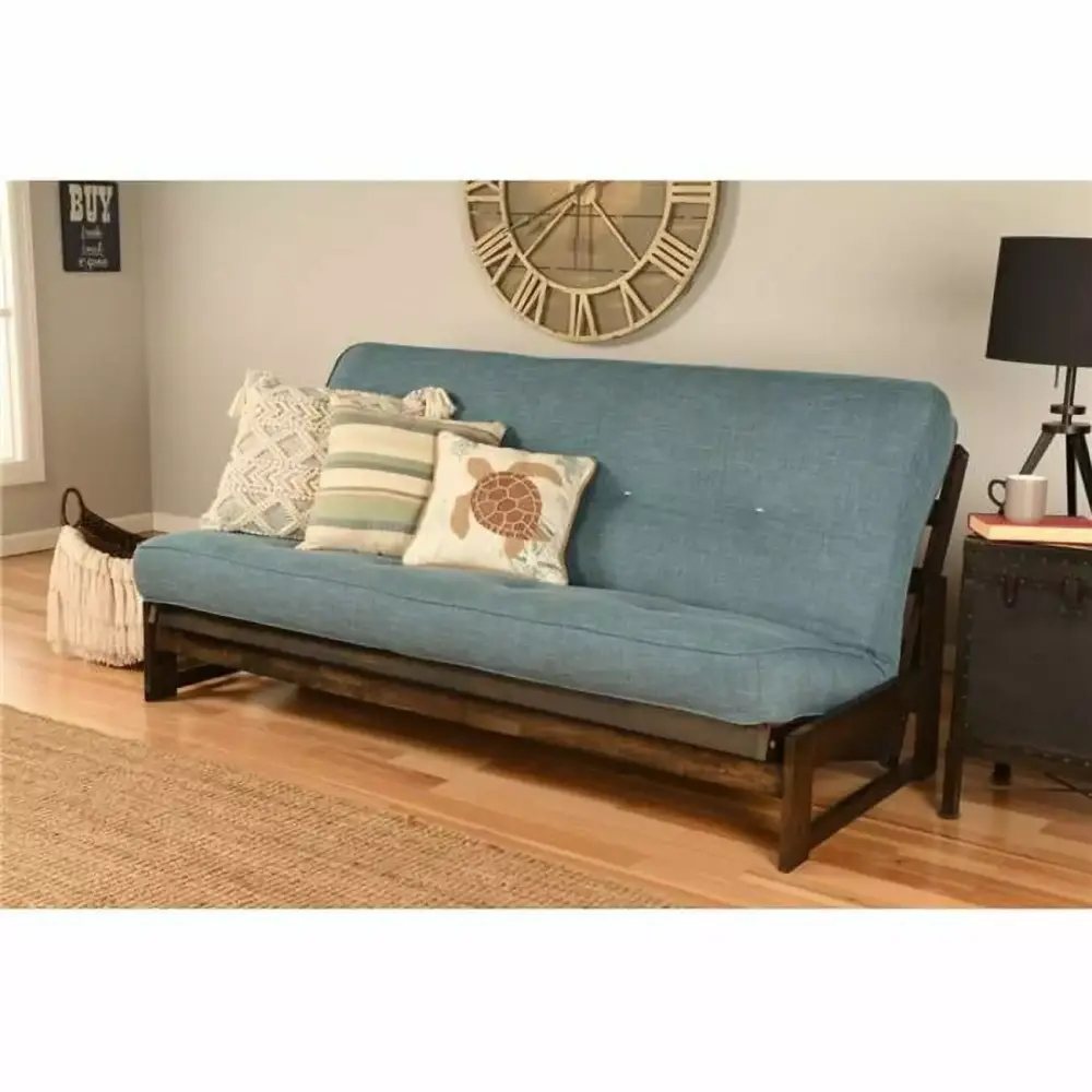 Aspen Reclaim Mocha Futon Frame with Linen Aqua Mattress Full Size