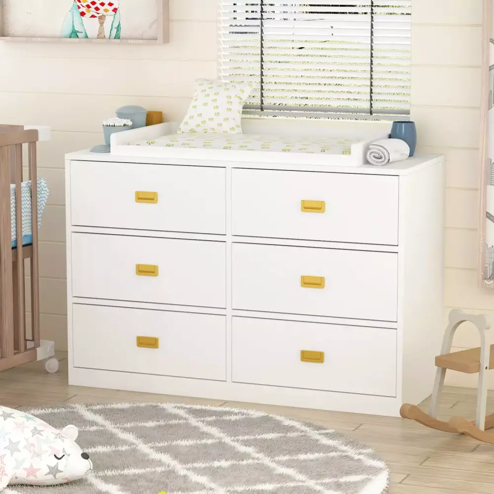 6 Drawer Dresser Changing Table for Nursery Bedroom - White Baby Dresser with Ample Storage Space