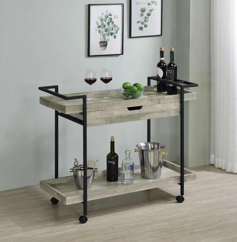 Ventura 2-tier Bar Cart with Storage Drawer Grey Driftwood - Mobile Serving Cart