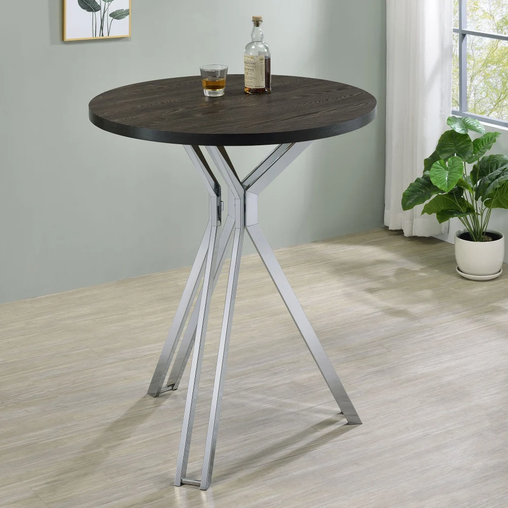 Edgerton Round Wood Top Bar Table with Dark Oak and Chrome Base