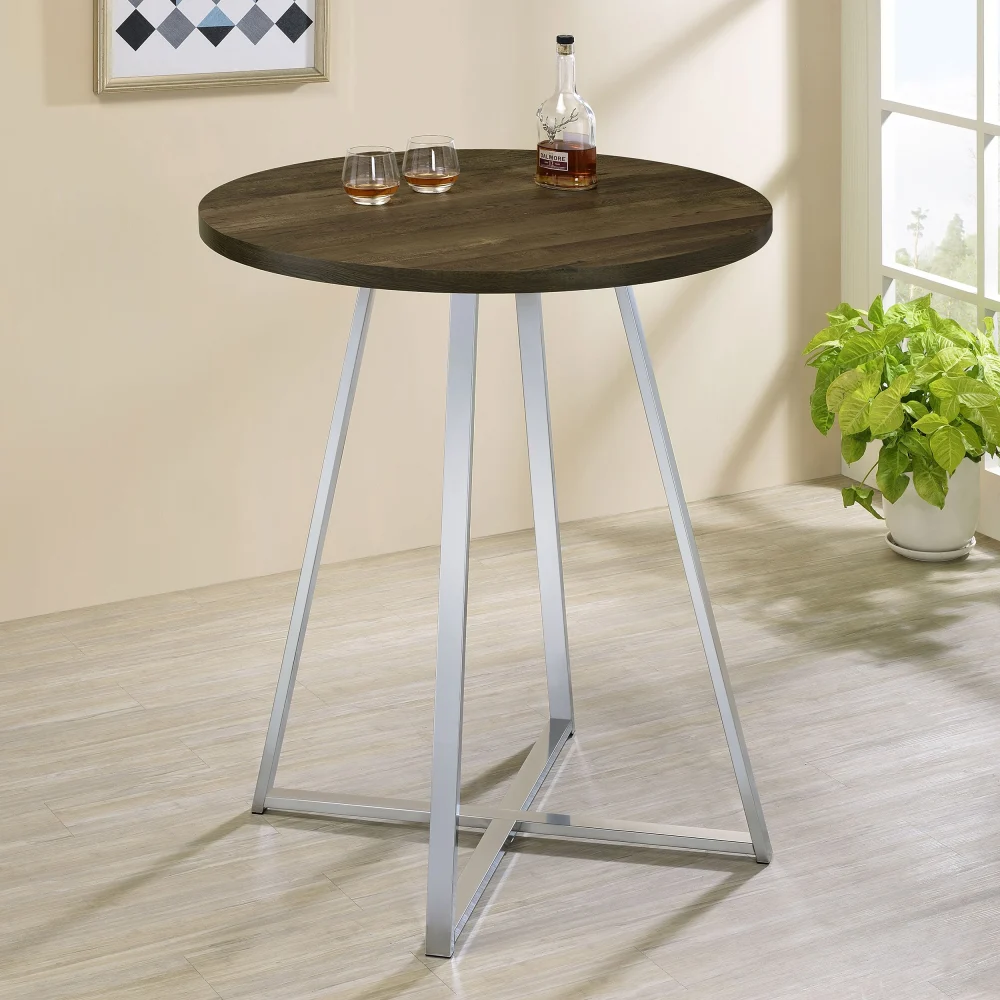 Burkhart Sled Base Round Bar Table in Brown Oak and Chrome