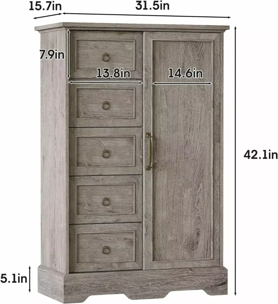 Vabches 5 Drawers Dresser with Sliding Barn Door Sturdy Base Modern Wood Dresser for Bedroom in Gray