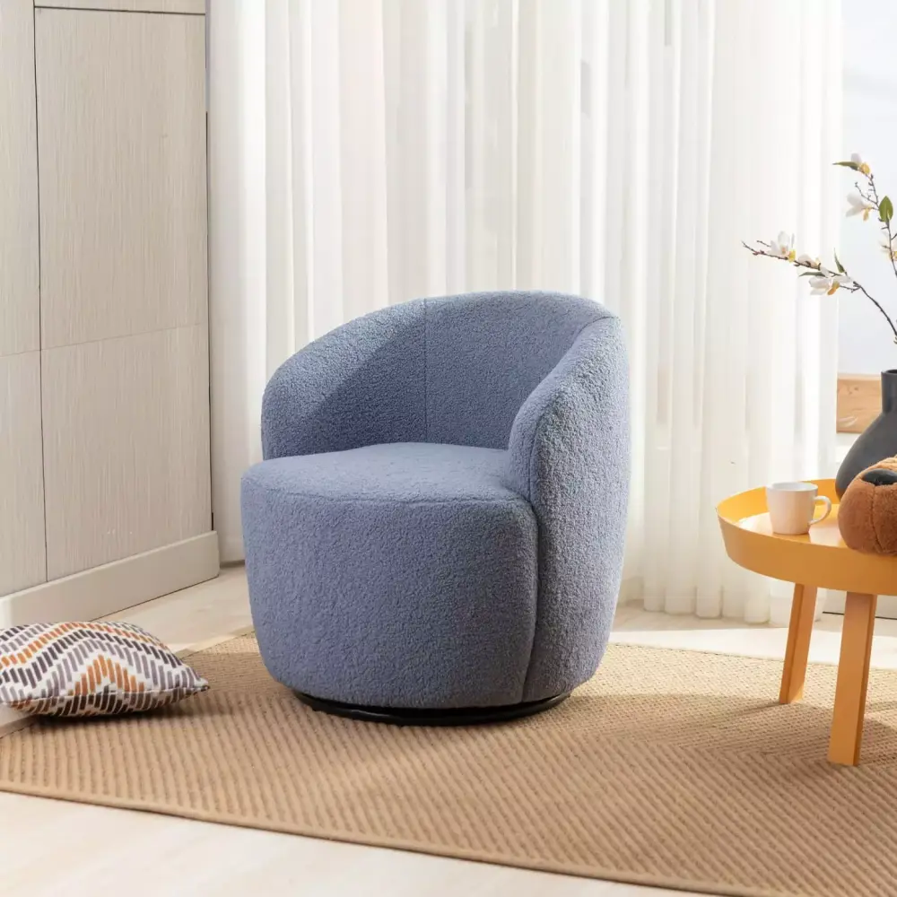 Comfortable Light Blue Teddy Fabric Swivel Barrel Chair with Foam Fill and Sturdy Wooden Frame