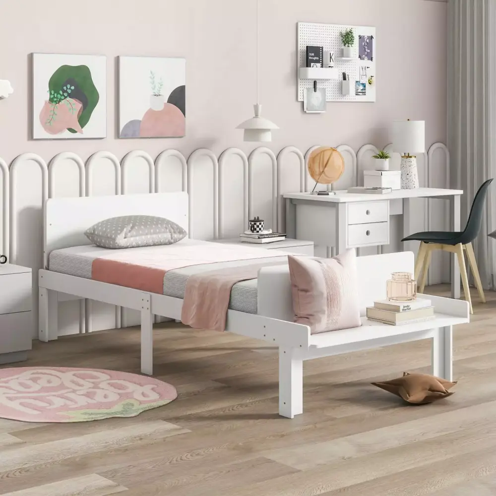 American Style Twin Bed with Footboard Bench in White Pine Wood Bedroom Furniture Compact and Minimalistic