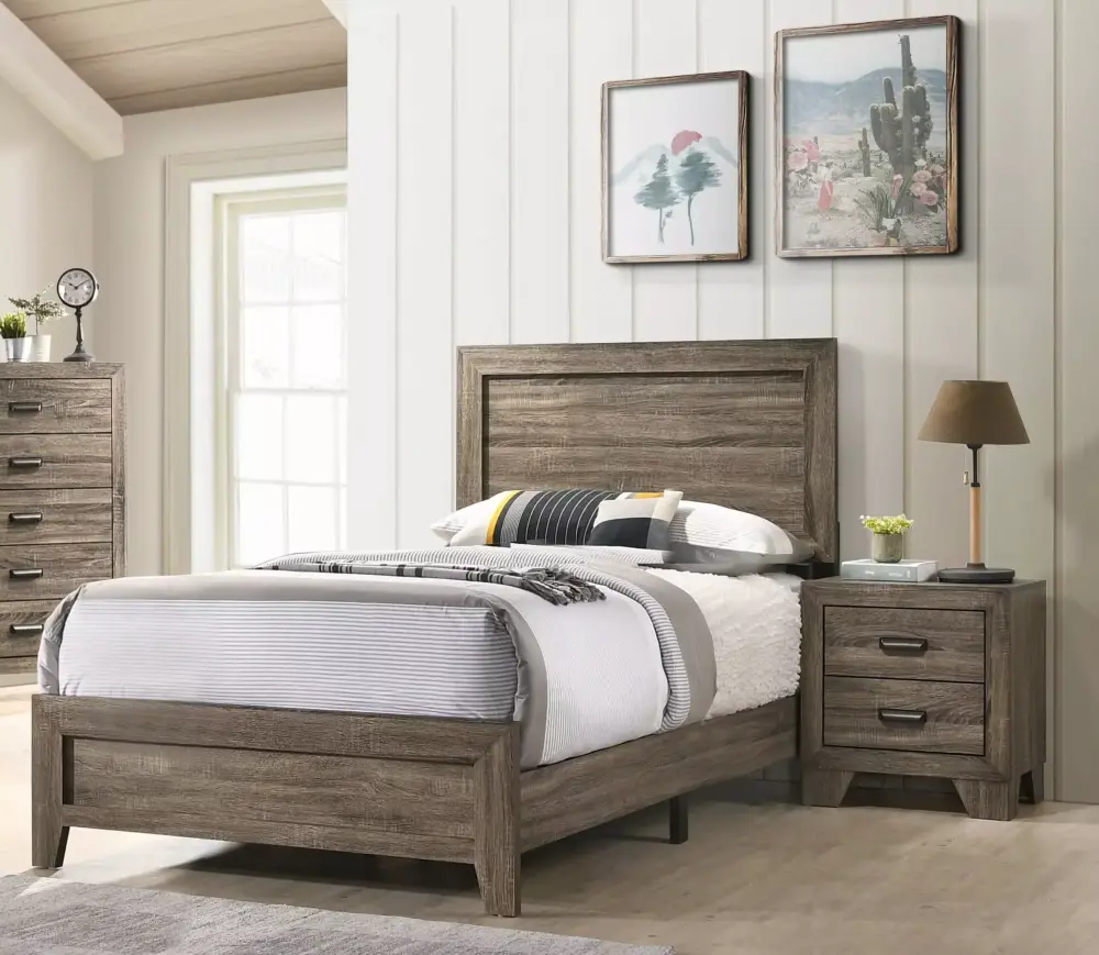 Contemporary 3-Piece Twin Size Panel Youth Bed Set with Nightstand - Gray Wooden Furniture