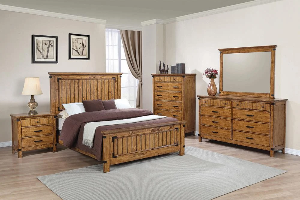 Brenner Panel Bedroom Set Rustic Honey Finish Queen Size Bed with Nightstand and Dresser