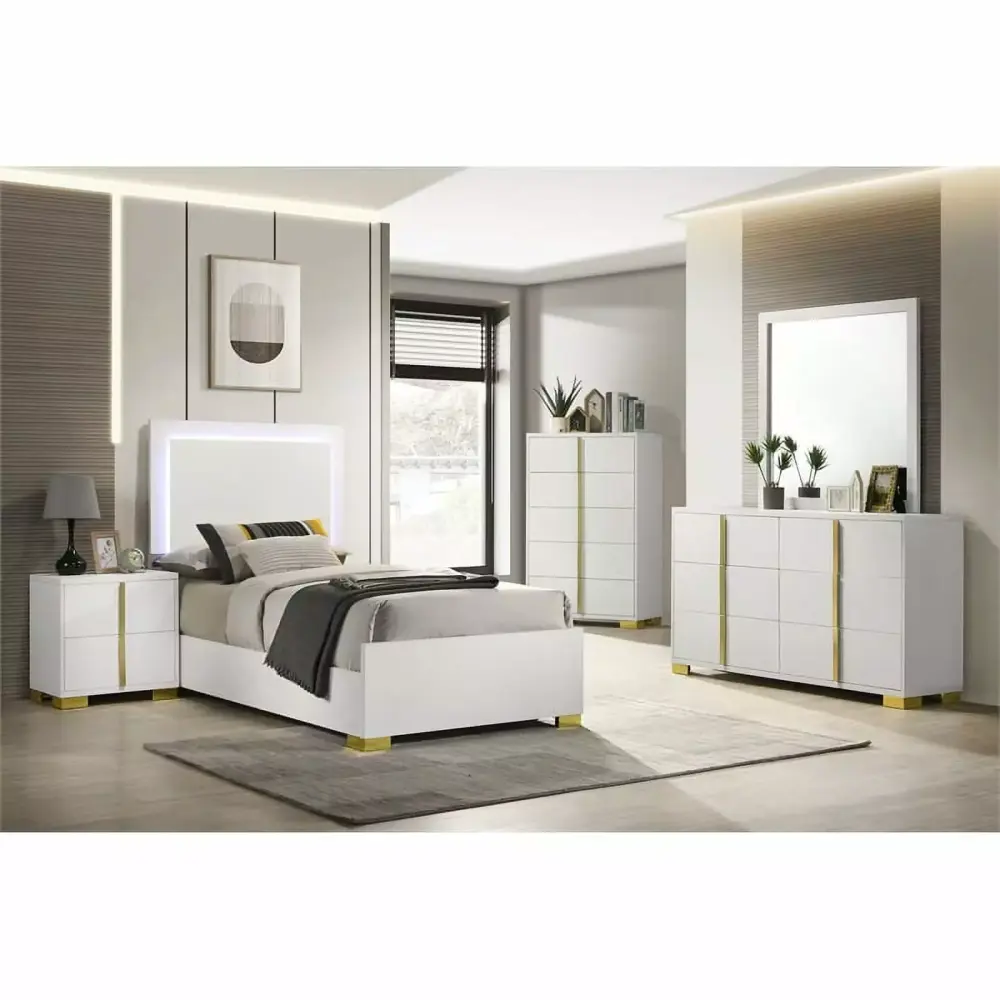 Coaster 4-Piece Contemporary Wood Twin Bedroom Set in White and Gold