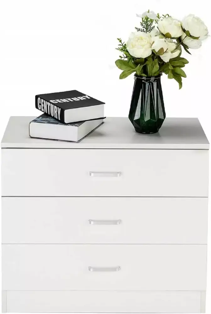 Modern White 3-Drawer Dresser Bedside Table with Handle for Bedroom
