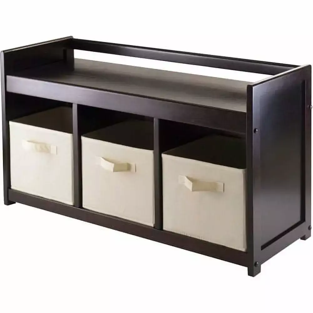 Winsome Wood Addison 4-Pc Set Storage Bench and 3 Foldable Beige Fabric Baskets Espresso Finish