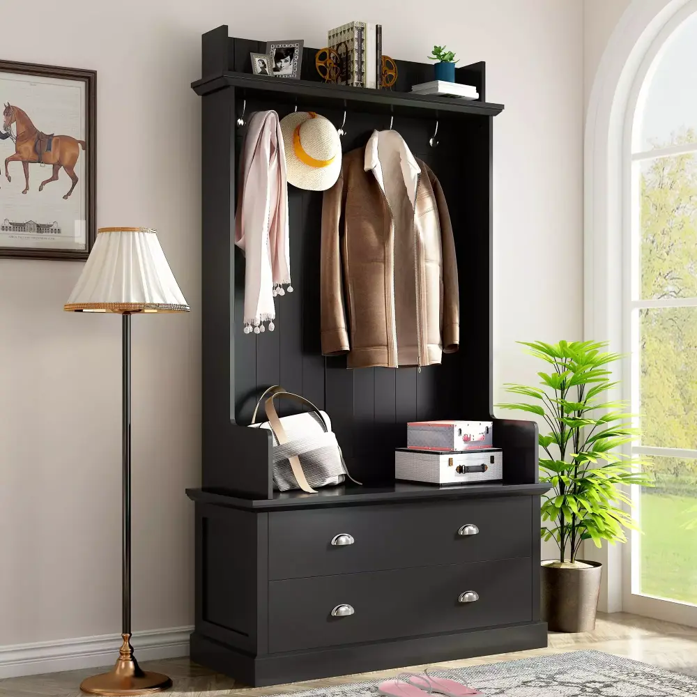 ON-TREND Vintage Style 38.5 Wide Hallway Coat Rack with 5 Hooks and 2 Drawers - Entryway Bench