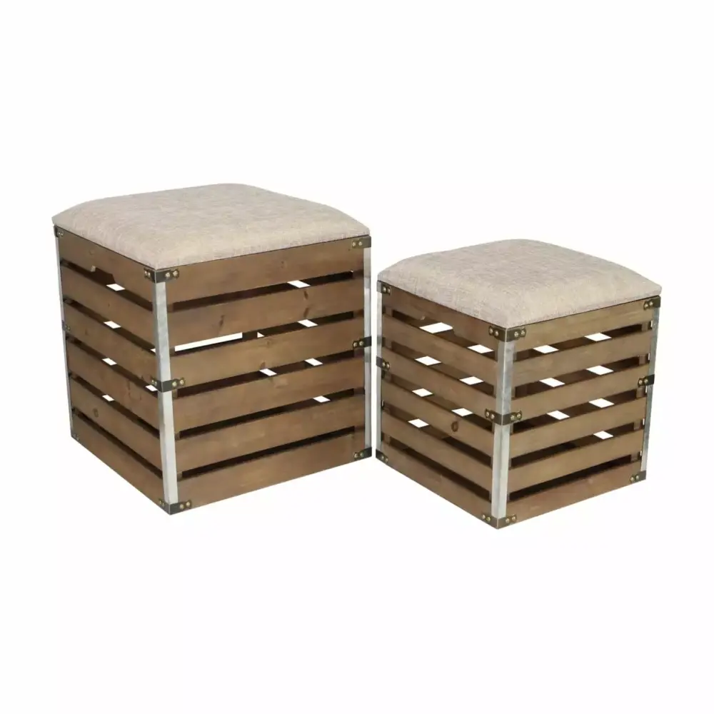 Square Wood Slat Storage Bench With Metal Accents And Cushioned Lid Set Of 2