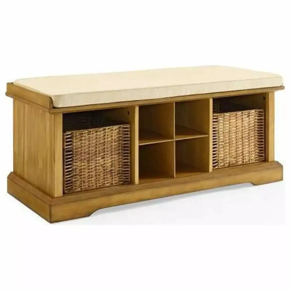 Crosley Furniture Brennan Solid Wood Entryway Bench with Wicker Baskets in Natural